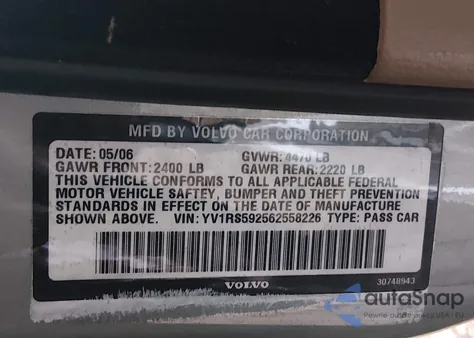 2006 Volvo S60 2.5T из США, поврежденный, VIN YV1RS592562558226